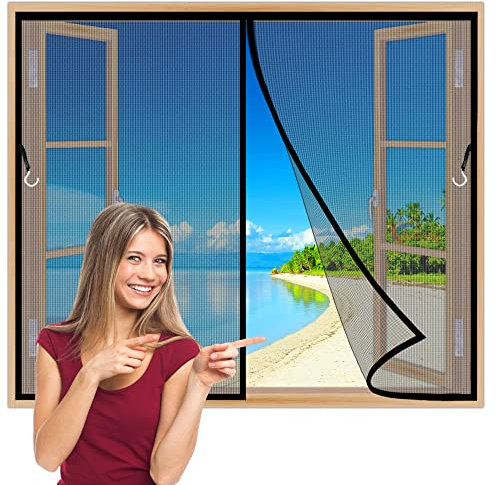 Magnet Fliegengitter Fenster 135x130 cm Insektenschutz BalkonFenster Fliegenvorhang Klebmontage Ohne Bohren für Wohnzimmer Garage BalkonFenster TerrassenFenster Wohnwagen Schwarz Z