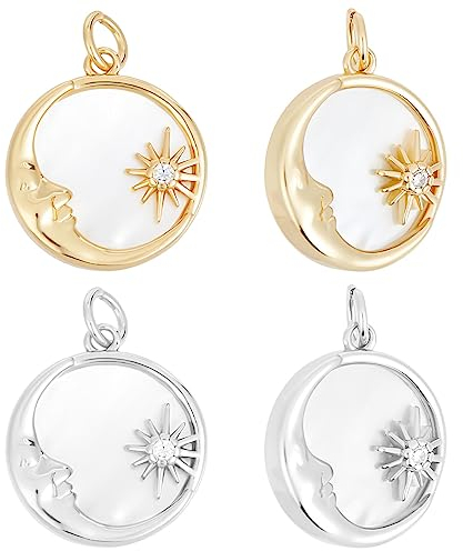 Beebeecraft 1 boîte 4 pièces 2 Couleurs Breloques Soleil Plaqué Or et Platine Zircon Cubique Plat Rond Pendentif Breloque avec Anneaux de Saut pour Bricolage d'oreilles Pendantes