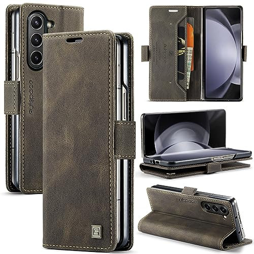 EYZUTAK Wallet Case for Samsung Galaxy Z Fold 5, Retro Matte Premium Protective Leather Case 2 Card Cash Slot with RFID Blocking View Stand Magnetic Closure TPU Shell Flip Cover - Coffee