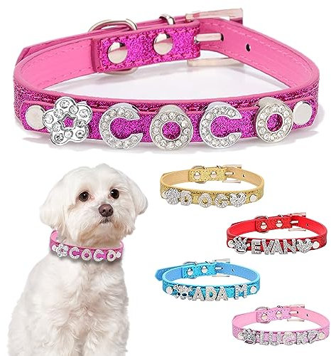 Personalised Dog Collars with Name Custom Bling Rhinestone Dog Puppy Cat Pet Name Collar Leather Dog Collar for Small Medium Large Dogs(Rose Pink, S)