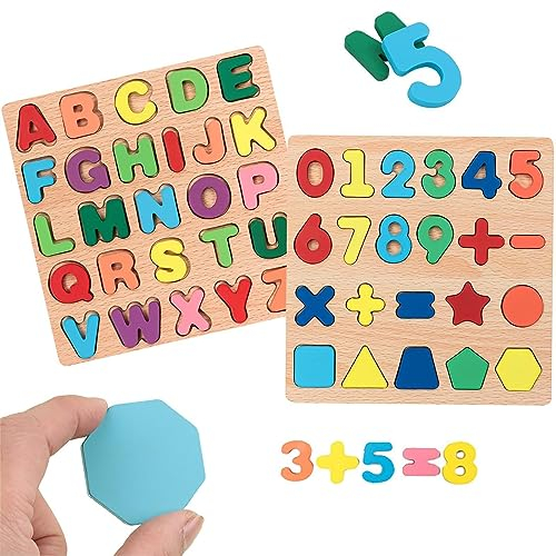TLHWIN Holz Alphabet Puzzle Spielzeug, 2 Stück Bunt Alphabet ABC Buchstaben Zahlen Gestalten Klobige Holz Puzzle Blöcke, Learning Brettspiel Lernspielzeug Geschenk für Kleinkinder und Vorschulkinder