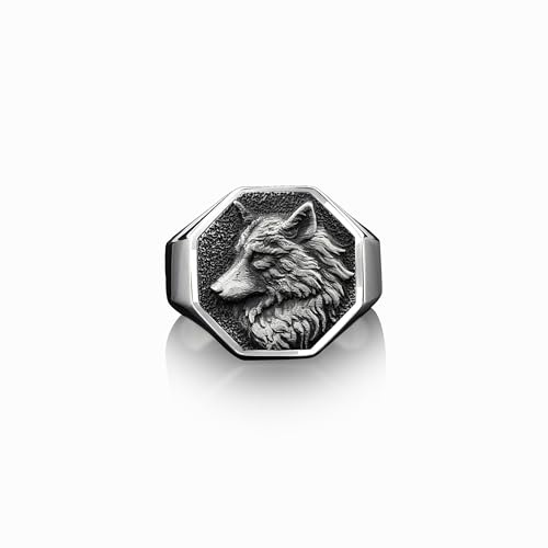 BySilverStone Jewelry 925 Silber Wild Wolf Signet Herrenring, Handgemachter Alpha Wolf Man Ring, Polierter Wolf Herren Ring, Sterling Silber Ehering, Boho Ring Für Männer