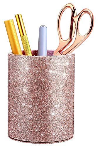 Stifthalter, glitzernder Stifthalter, Stiftebecher, Roségold, glänzend, für Frauen und Mädchen, luxuriöser Make-up-Pinselhalter, Pu-Leder-Organizer