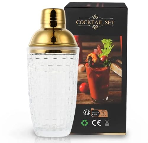 UXIYI Glass Cocktail Shaker Kit,350Ml Mixer Professional Thickened Drinking Shaker Cocktail,Leakproof Metallic Steel Lid&Strainer,Gold