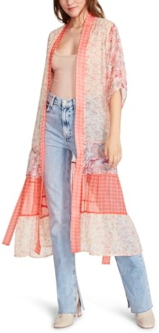 Steve Madden Damen Kimono mit gestuftem Blumengürtel Mode-Schal, Pink Multi, Einheitsgröße