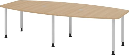 bümö Konferenztisch oval 280x130 cm großer Besprechungstisch in Eiche, Besprechungstisch mit Gestell in Silber, Meetingtisch für 10 Personen, XXL-Tisch für Besprechungsraum & Meeting