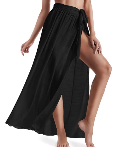 AVAYUU sarong pareo da donna, gonna avvolgente, aperta sul davanti, abito da spiaggia, bikini sexy, copertura, costume da bagno, telo avvolgente con fessura, Nero , Taglia Unica