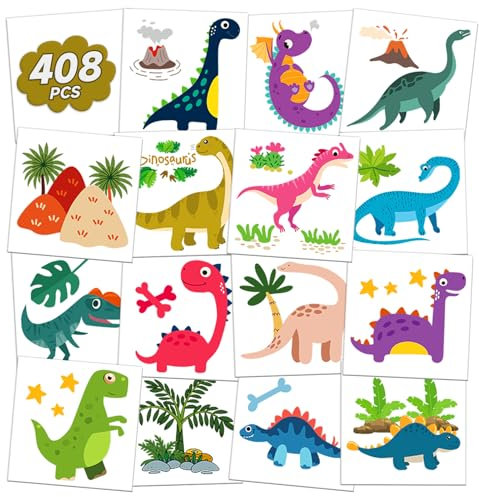 408 Einzeln Verpackte Dinosaurier Tattoos für Kinder, Temporäre Tattoo-Aufkleber für Dinosaurier Party Dekorationen,Dinosaurier-Tattoos für Tyrannosaurus Rex Geburtstagsdekorationen