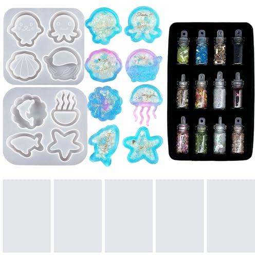 Attuslla 2 Pz Moldes Silicona Shaker en Forma de Conchas y Medusas Resina Molde de Silicona Quicksand Resin Mold Silicone con PVC Hoja, Purpurina para DIY Manualidades
