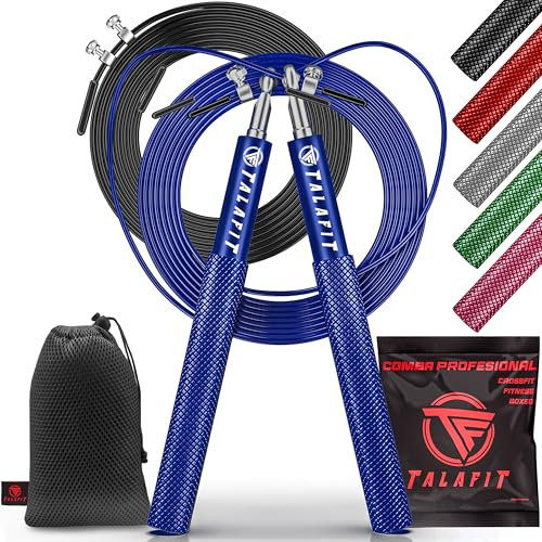 Professionelle TALAFIT Springseil Crossfit | Verstellbares Fitness-Springseil mit Hochgeschwindigkeits-Kugellager | Boxseil | Inklusive Tasche (Schwarz, Blau)