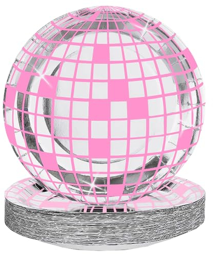 HOMQYTE 25P Disco Plates 7 Disposable Disco Ball Paper Plates for 70's Disco Party Supplies Birthday Wedding Party Decorations (Pink, 7IN25P)