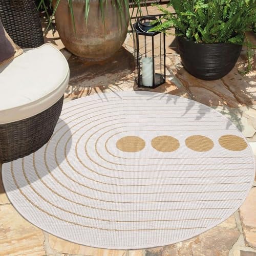 carpet city Outdoor Teppich Wetterfest 160 cm Rund - Creme-Gelb - Wendeteppich, Beidseitiges Kreisförmiges Muster - Balkonteppich Wasserfest Outdoor - Terrassenteppich