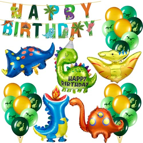 32 Stück Dino Geburtstag Deko Set, XXL Dinosaurier Folienballons mit Happy Birthday Girlande, Luftballons Grün, Dino Deko Kindergeburtstag Junge, Dino Party Deko Mottoparty Dekoration Set