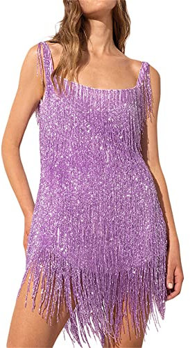 Qianderer Damen-Minikleid mit Pailletten, Glitzer, mehrlagig, Fransen, tiefer V-Ausschnitt, rückenfrei, ärmellos, Quaste, Flapperkleid, Club, Party, Abschlussball, glitzerndes Kleid, Ba Purple, M