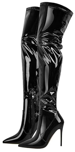blingqueen Damen Overknees Spitze Stiefel Stiletto High Heels Thigh High Stretch Boots Lack Schwarz 46 EU