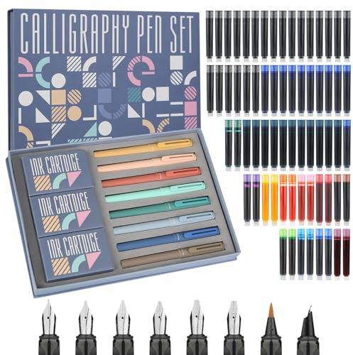 GC QUILL 8 penne stilografiche calligrafiche con diversi pennini, 66 cartucce d'inchiostro (14 colori) - Esercizi di scrittura, disegno, calligrafia per principianti GC-F866