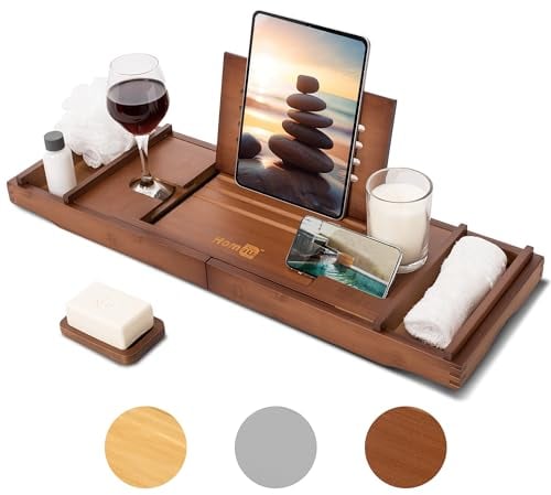 Homiu Bamboo Bath Tray - Extendable Bath Caddy - Natural Wooden Bathtub Tray with Candle, Wine Glass, Book Rest, iPad & Phone Holder Stand - Luxury Bathtub Accessories - Bath Accessories (Brown)