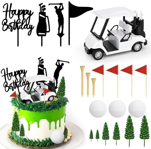 Golf Cake Decorations Set with Mini Golf Cart Toy Flag Golf Ball Green Tree, Golf Birthday Cake Toppers for Golf Theme Party Decoration Supplies