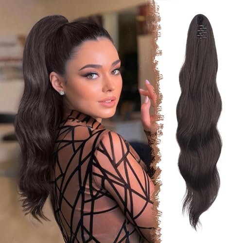 FESHFEN Pferdeschwanz Extensions Klammer, 50 cm Hair Extensions Zopf Lang Haarteil Clip Gewellt Dunkelbraun Haarverlängerung für Frauen