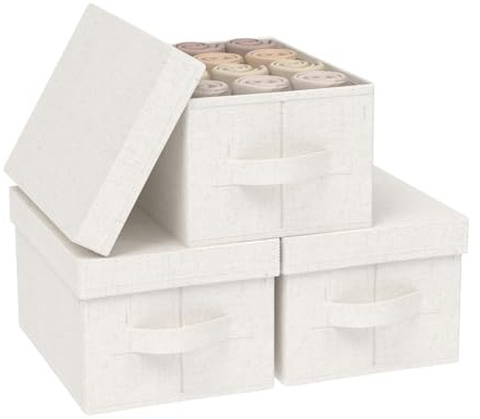 ENUMAIL Cestas Almacenaje de Tejidos con Manijas,33x23x18cm,Beige,3 Piezas | Cajas de Almacenamiento con Placa de Soporte PP,Organizador de Escritorio con Mango,Lavable Cesta para Armario con Tapa