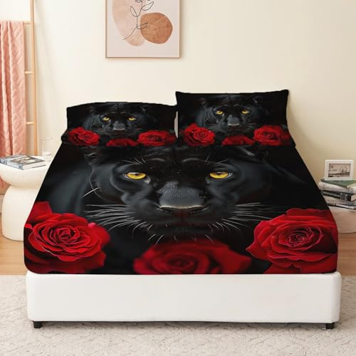 Spannbettlaken Schwarzer Panther und rote Rose Bettlaken Matratzenschoner Schwarz Matratzenauflage Atmungsaktiv Praktisch Langlebig Matratzenschutz Hygienische Rundumbezug 90 x 200 cm