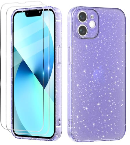 Tikgue Hülle für iPhone 11 mit 2 Stück Schutzfolie，Handyhülle Glitzer Transparent Silikon Stoßfeste Schutzhülle Slim Weich TPU Case Kompatibel mit iPhone 11 - violett
