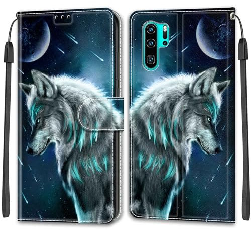 Handyhülle für Huawei P30 Pro Hülle,Con Standfunktion Kartenfach Stoßfeste Kunstleder Klapphülle, Flip Wallet Case Lederhülle kompatibel Hülle für Huawei P30 Pro Wolf