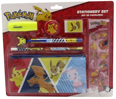 CYPBRANDS Pokémon, set de papeterie, trousse, crayon, caoutchouc, taille-crayon, stylo, surligneur, autocollants, multicolore, produit officiel