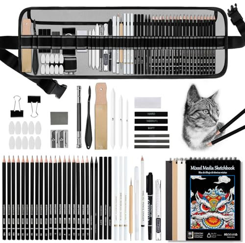 KIMIGO Juego de 60 lápices de dibujo, lápices de bocetos, Set Dibujo Profesional del Artista, suministros de arte con libro de bocetos de 3 colores, grafito, pastel, carboncillo,piezas de dibujo