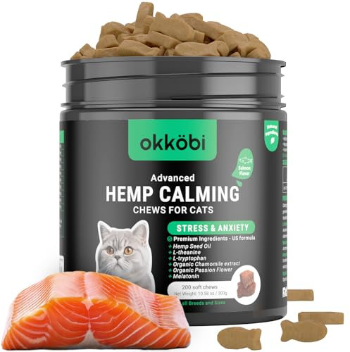 OKKÖBI Hemp Calming Chews For Cats 200 pcs - Relaxing Chews - For stress, travel, check-up, restlessness or separation - Cat Calming Treats