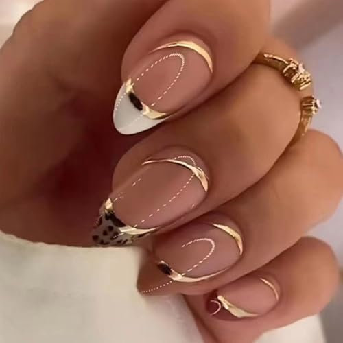 False Nails Short French Tip Stick on Nails with Glue, 24PCS Elegant Fake Nails, Short Press on Nails, Glue on Nails, Nail Art Design Sweet Fake Nails Kit for Women Daily Use (French Amber)
