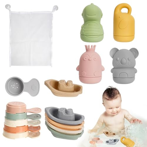 Jouets de Bain pour Bebe, 15 Pièces Jouet Bain Bébé à Presser Sensoriels avec Bateaux Empilables et Cuillère, Silicone Souple Jouet Bain Enfant Jeux Educatif 6 9 12 Mois 1 2 3 Ans