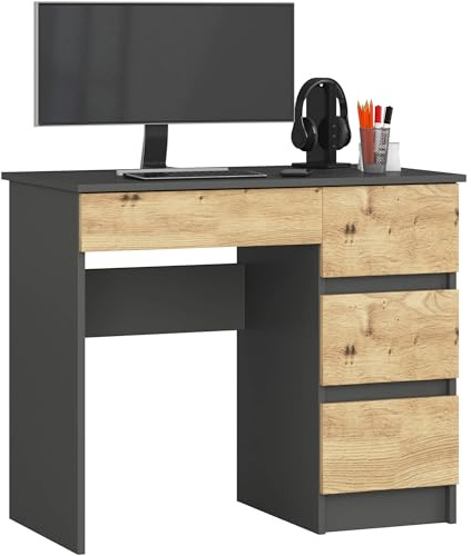 AKORD Schreibtisch A7 90 cm | 4 Schubladen Rechts | Computertisch | Für Zuhause | Für das Büro | Für die Arbeit | B90 x H77 x T50 cm | Gewicht 30,50 kg | Graphitgrau/Artisan Eiche