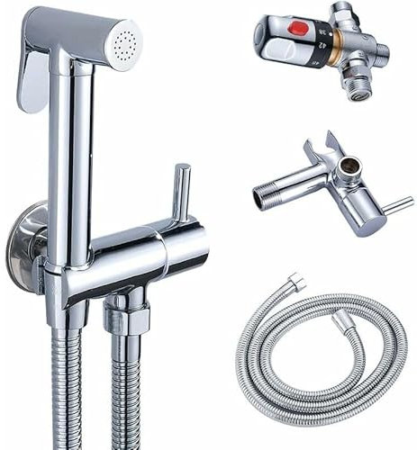 PRIMEGA Kit Douchette WC Mitigeur Thermostatique Douchette AVCE Pulvérisateur à Main pour L'hygiène Intime Anti-brlure en Laiton Chromé Toilette Bidet Spray Set Douchette Bidet -