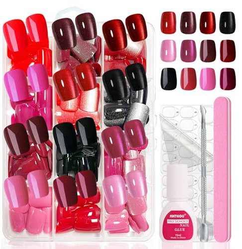 Falsche Nägel Tips Set - 288 Stück Bunte Fake Nails in Squoval, Glänzende & Cat Eye Effekt Falsche Nägel zum Aufkleben Kurz - Press On Nails mit Nagelkleber für DIY Nageldesign Nail Art (Bunt Square)