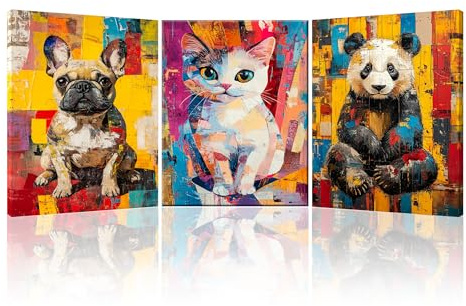 Piy Painting 3 Parties Animal abstrait Tableau Déco Murale Panda, chien et chat Impression Painting Sur Toile Salon Moderne Tableaux Decoration Peinture Toile Affiche Chambre Bureau 30×40cm