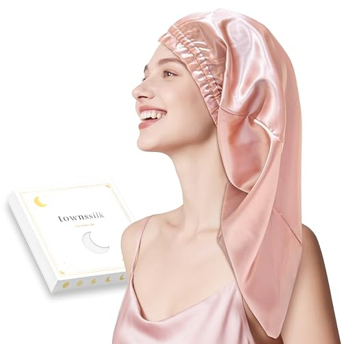 townssilk Seidenhaube zum Schlafen, 100% 22 Momme Maulbeerseide, für Damen, luxuriös, atmungsaktiv, sitzt sicher über Nacht & druckfrei, ideal für lange & lockige Haare – RoseGold 58cm