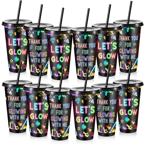 Chuangdi 12 Pcs 24 oz Neon Party Plastic Cups with Lids and Straw Reusable Tumblers Gifts for Glow Party Favors Decorations Night Event Birthday Supplies