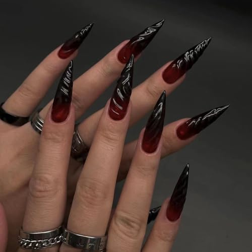 MouyouGlow Press on Nails Lang,Stiletto Halloween Rot Gradient Schwarz 3D Striped Design Horror Spooky Gothic Fake Nails mit Nagelkleber,Red Ombre Black Twill Künstliche Fingernägel