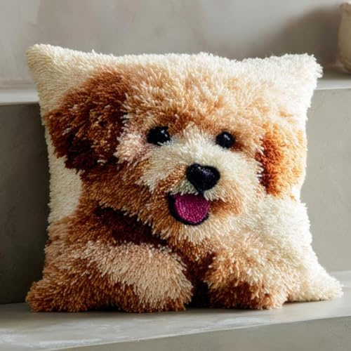 DIY Latch Hook Pillow Kit Dogs Animal 17x17in | DIY Latch Hook Cushion Kits Beginners Adults Gift Embroidery Home Decoration