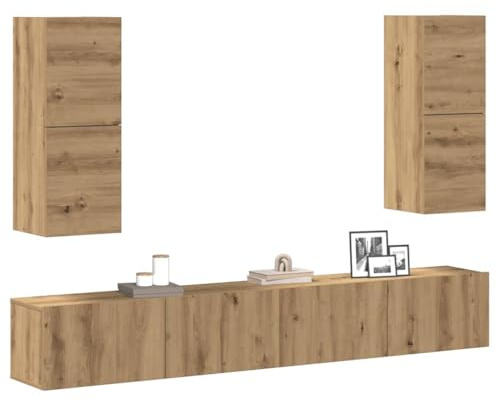 JHQHSM Ensemble meuble TV mural 4 pièces en chêne artisanal avec espace de rangement pour appareils multimédias et plateau supérieur stable pour téléviseurs et articles de décoration, peu encombrant