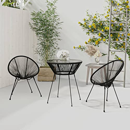 Yunovire 3-TLG. Garten-Essgruppe, rundes PVC Rattan Schwarz, Hartglas-Tischplatte, pulverbeschichteter Stahl, 70x74cm Tisch, 2 Stühle für Garten, Balkon, Terrasse, Außenbereich