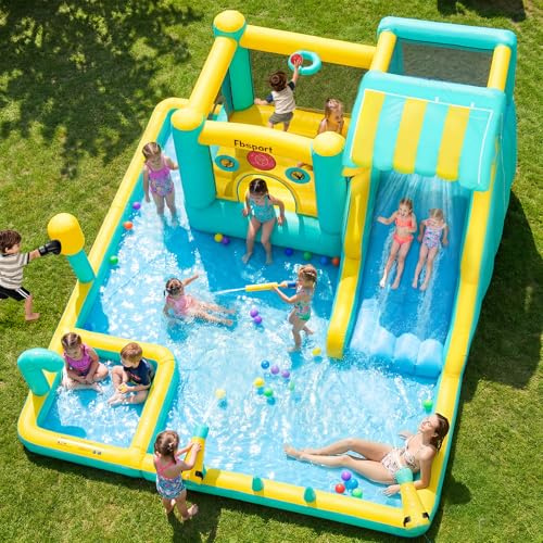 FBSPORT Hüpfburg, 10-in-1 Breite Wasserrutsche Aufblasbarer Wasserpark für Kinder, mit 480W Gebläse, Planschbecken, Sommer-Spielplatz für Hinterhof, Innen- und Außenbereich