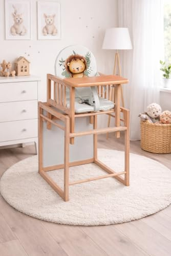 BASIC 2in1 Hochstuhl – Kinderstuhl mit Tischfunktion | kompakt & platzsparend | Buchenholz | 3 Designs (Natur Lion)