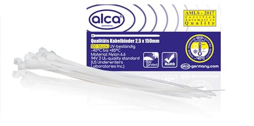 alca® Kabelbinder 2,5 * 150mm 100 St. weiß 8 kg Zugfestigkeit UV-beständig für Innen- und Außen Kabelbefestigung Nylon temperaturbeständig