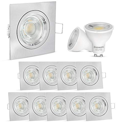 linovum 10 Stück Design LED Einbaustrahler Set eckig Edelstahl Optik gebürstet für 230V mit 2W GU10 Leuchtemittel warmweiß 2700K inkl. Fassung