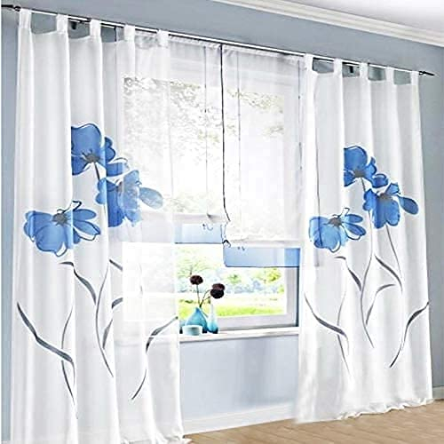 SIMPVALE 2 stücks Gardinenschal Gardine Print Blumen Vorhang für Wohnzimmer Schlafzimmer Schlaufenschal, Breite 150cm / Höhe 260cm, Blau