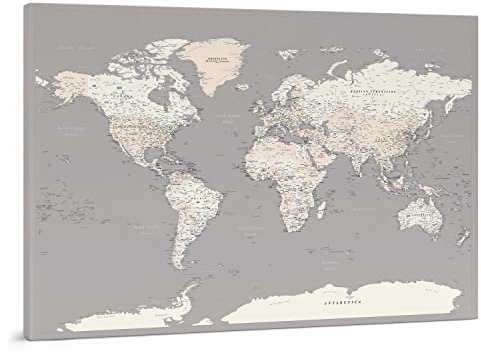Trip Map Pinnwand Weltkarte - Leinwand Weltkarte Pinnwand mit Pins - Grau Cremefarben Farben - zur Personalisierung - Gerahmte Weltkarte zum Pinnen - 150x100 cm; 120x80 cm; 100x70 cm Größen