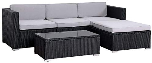 EVRE California Rattan Garden Furniture Set 5 Piece Seat 3 Sofa 1 Ottoman 1 Coffee Table Outdoor Wicker Weave Lounge Sofa and Glass Top Table with Cushions (Black)