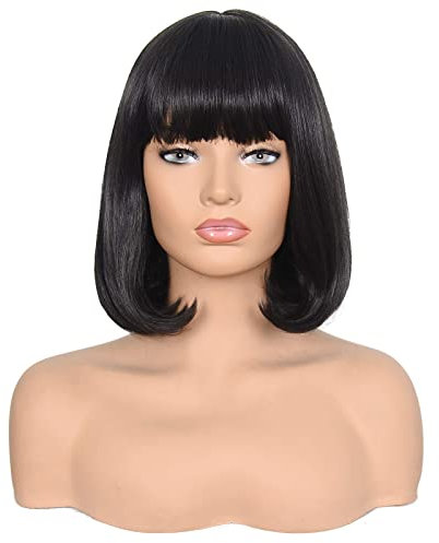 Morvally Short Straight Bob Wig Heat Resistant Hair with Blunt Bangs Natural Looking Cosplay Costume Daily Wigs (14, 2# Black)